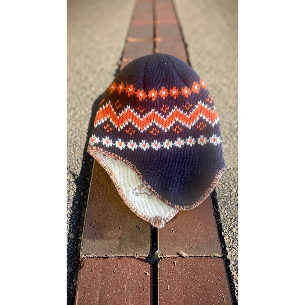 Denver Broncos Reebok NFL Knit Earflap Beanie Hat Navy Orange Fair Winter Warm - Picture 2 of 5